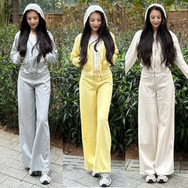 休闲时尚套装女2025春秋新款拼接蕾丝假两件连帽拉链外套两件套女