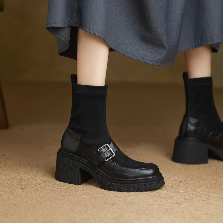 7cm 韩版百搭粗跟瘦瘦靴秋冬法式气质通勤休闲简约时尚高跟弹力靴