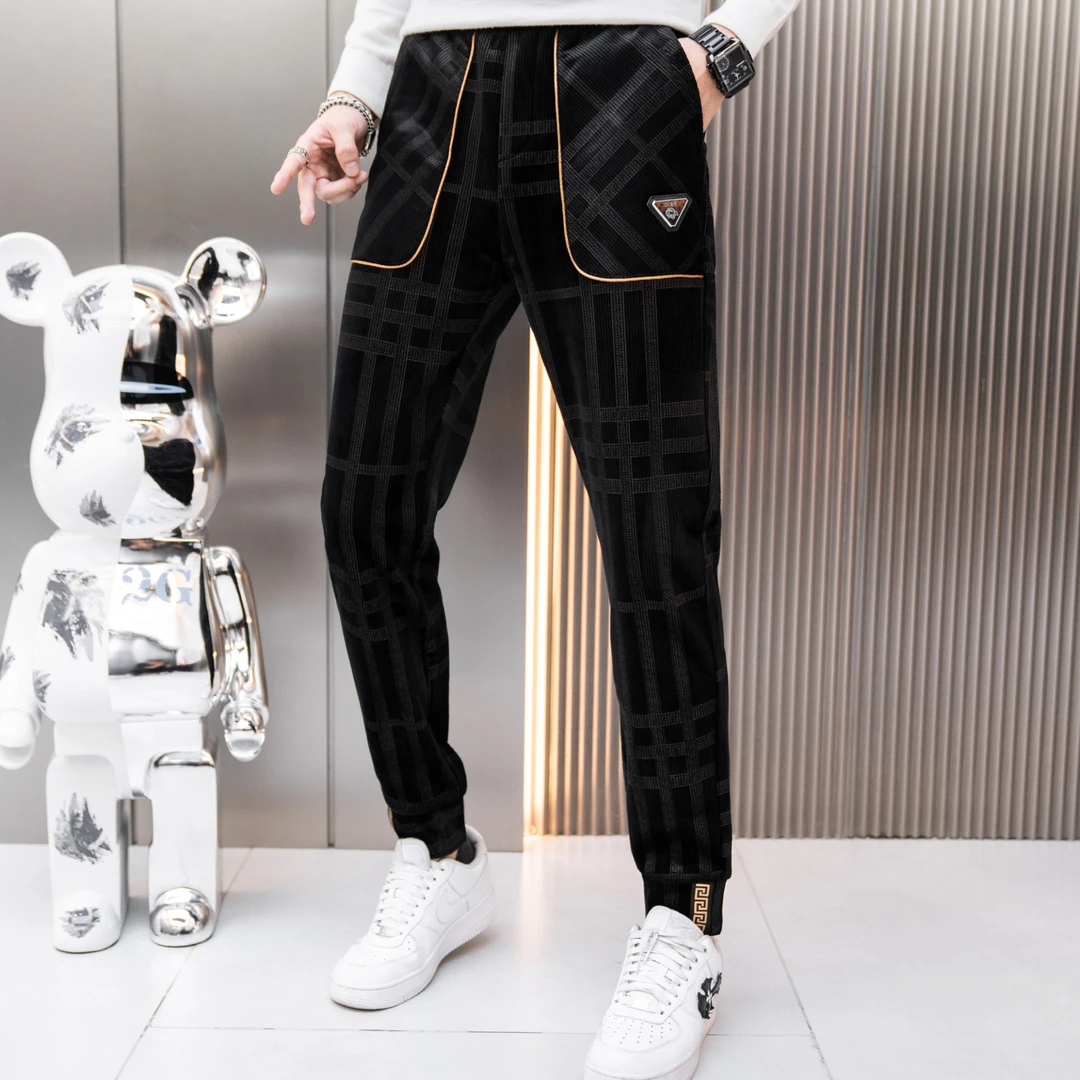 欧货保暖卫裤子男士格子休闲裤秋冬保暖刺绣印花男装裤收口CLK-22