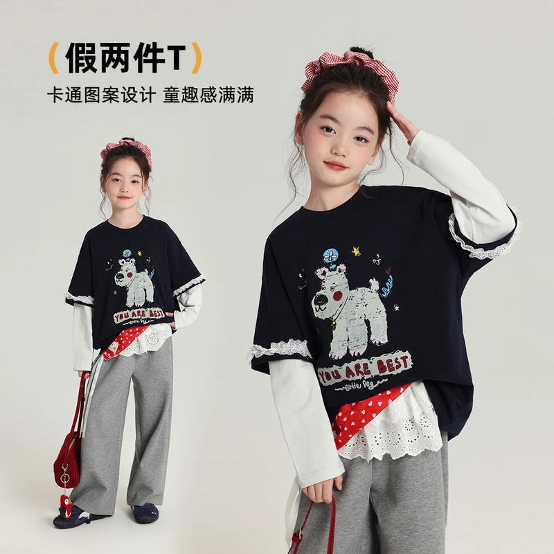 布丁哈鲁【最靓的你】女童假两件T恤卡通印花秋季2025新款G54TT529