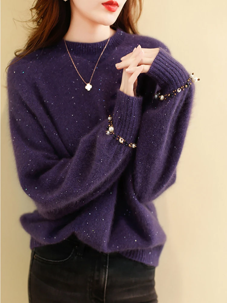 商场同款爆款2025秋冬新款温柔亮片紫色毛衣高级感珍珠袖套头上衣