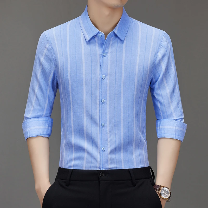 春季条纹衬衫长袖正装修身中青年衬衫免烫商务休闲无痕夏季男衬衣