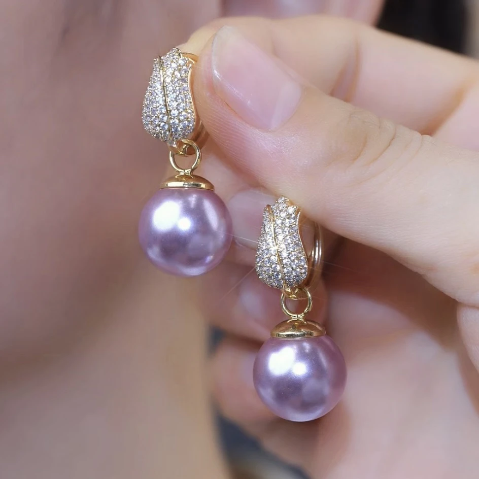铜合金合成锆石耳饰 【郁金香】精致耳扣紫色仿珍珠一款多戴耳环