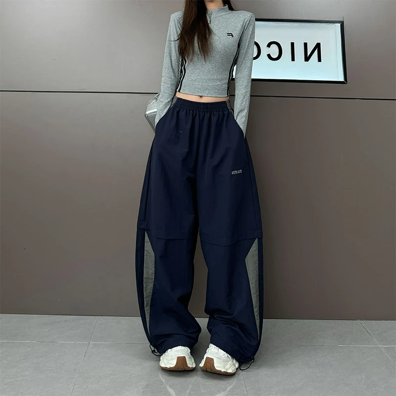 春夏季2025新款复古拼色速干阔腿裤女休闲简约户外冲锋工装休闲裤