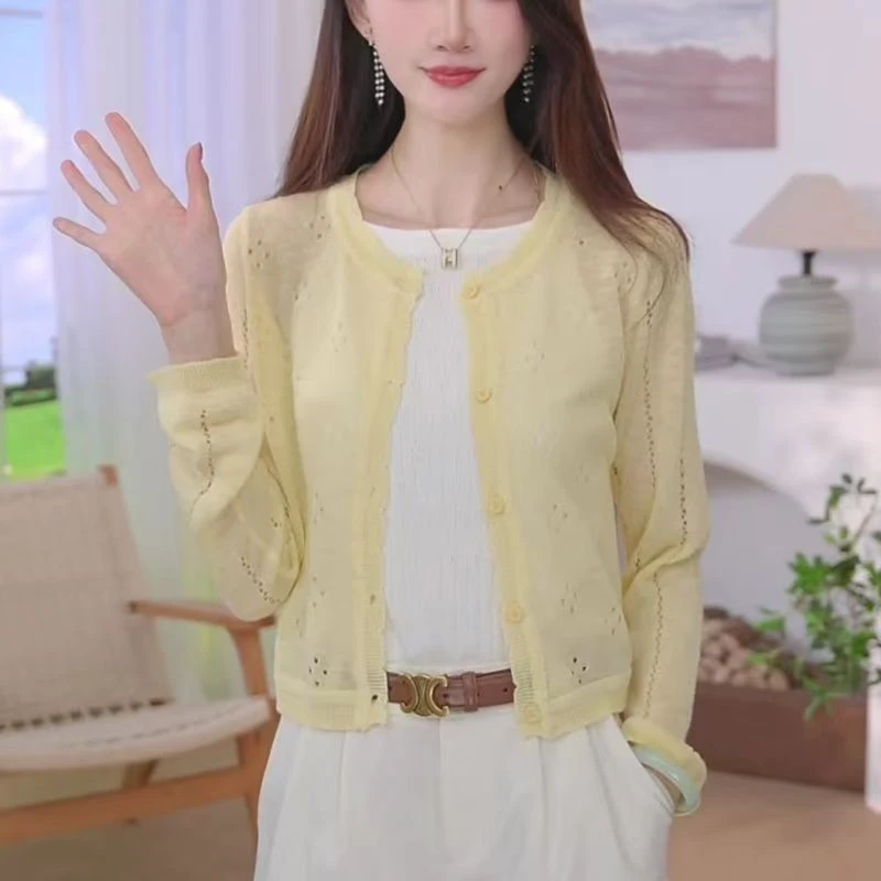 黄色镂空冰丝针织时尚防晒开衫夏季配白色背心外搭长袖罩衫上衣