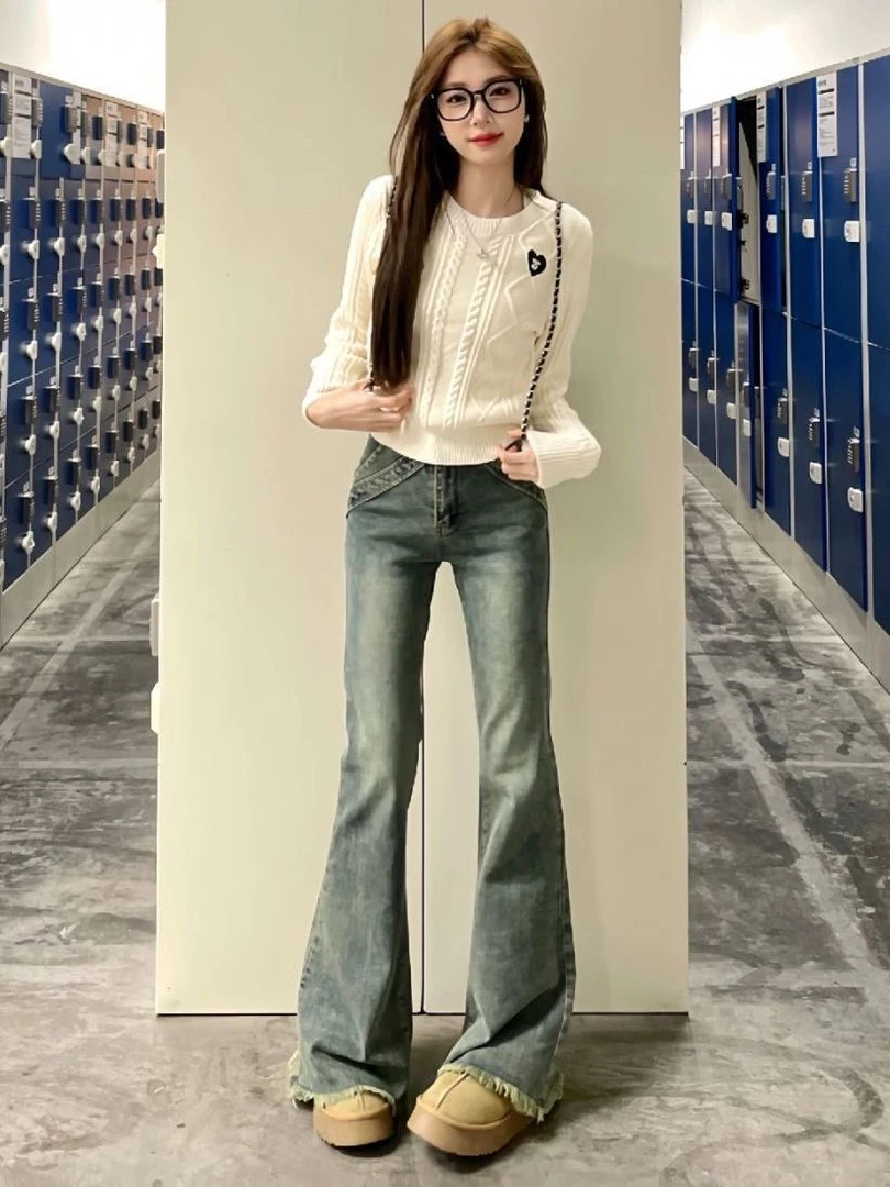 美式复古微喇毛边牛仔裤女款裤子春款高腰宽松阔腿显瘦直筒喇叭裤