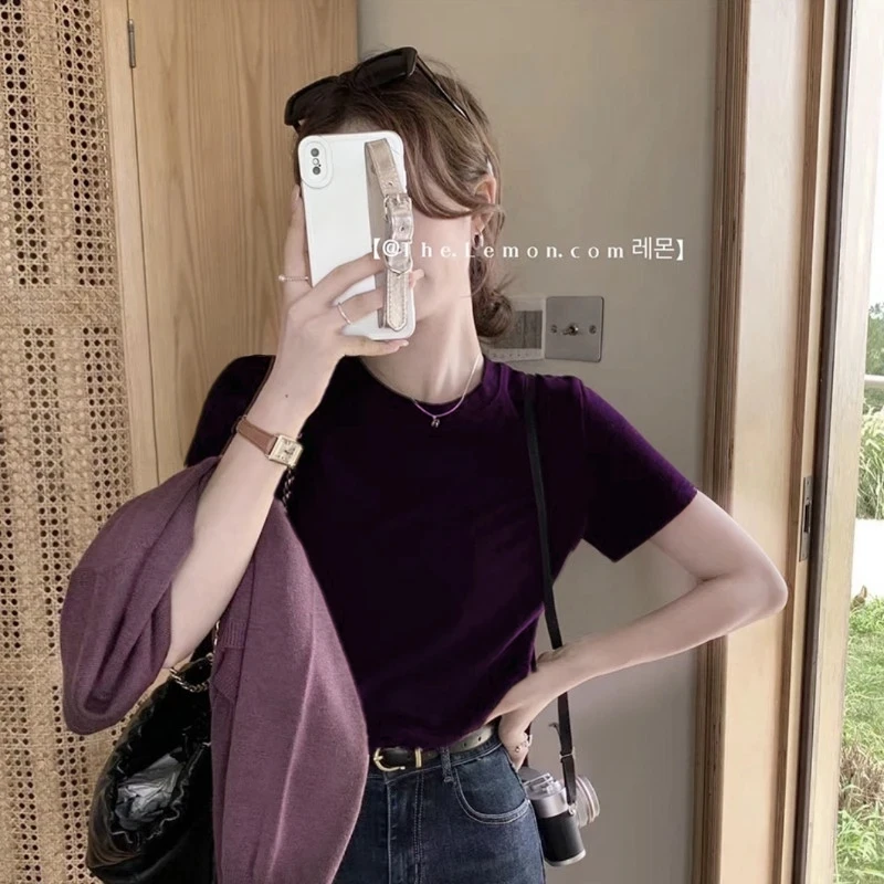 韩系紫色百搭圆领短袖t恤女夏季新款内搭小众显白打底衫正肩上衣