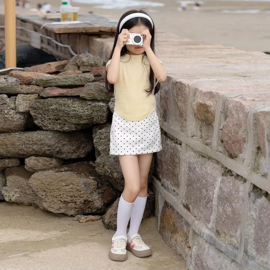 2025夏季新款韩系女童黄色短袖上衣白色波点半身裙套装度假风衣服