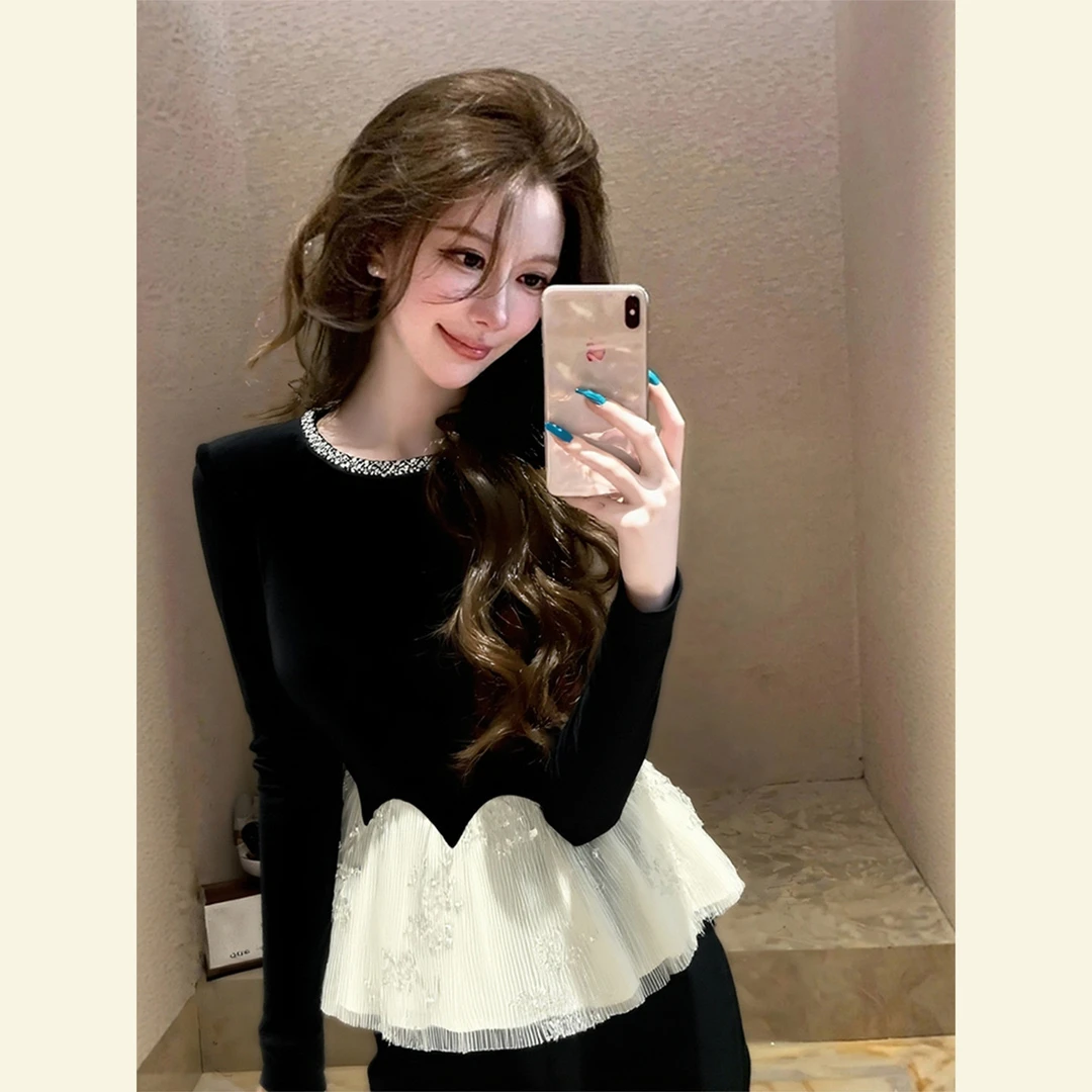 冬季高端小资轻奢洋气法式独特超好看高级感网纱拼接黑色丝绒上衣