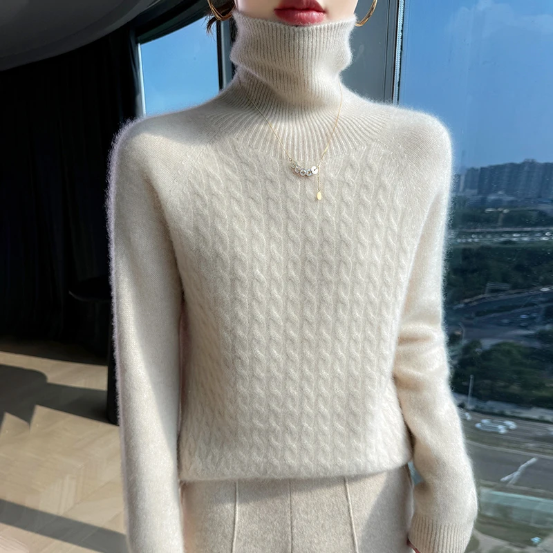 鄂尔多斯市2025新款100羊绒衫女高翻领宽松针织打底毛衣麻花秋冬