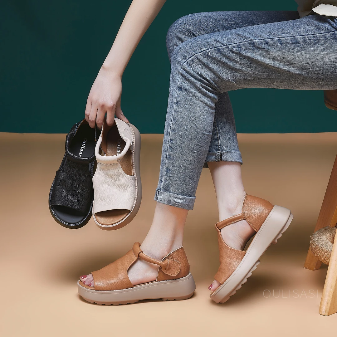 [巴山夜雨]5.5CM 324头层牛皮2025夏凉鞋新款软底防滑轻便女凉鞋