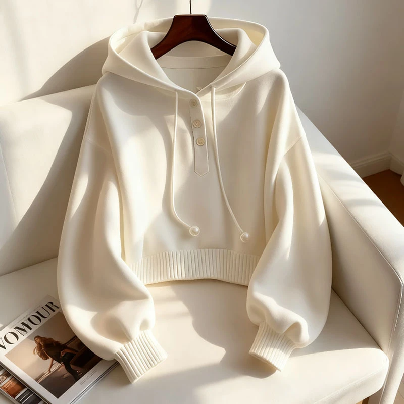 小众别致白色连帽抽绳纯色卫衣秋季韩系慵懒风时尚洋气舒适打底衫
