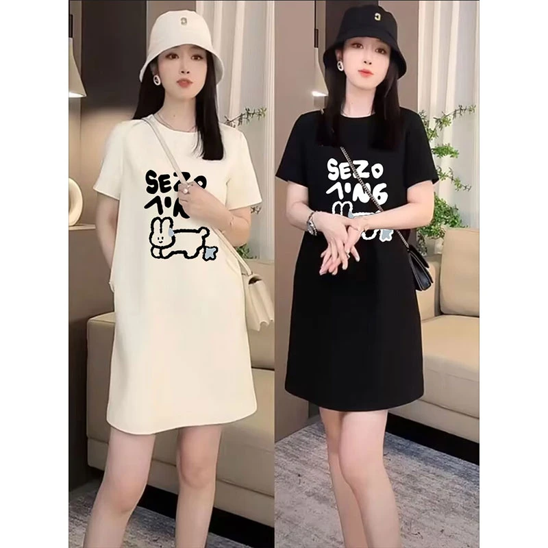大码纯棉短袖连衣裙女夏季宽松遮肉t恤夏季大码遮肚宽松显瘦T恤