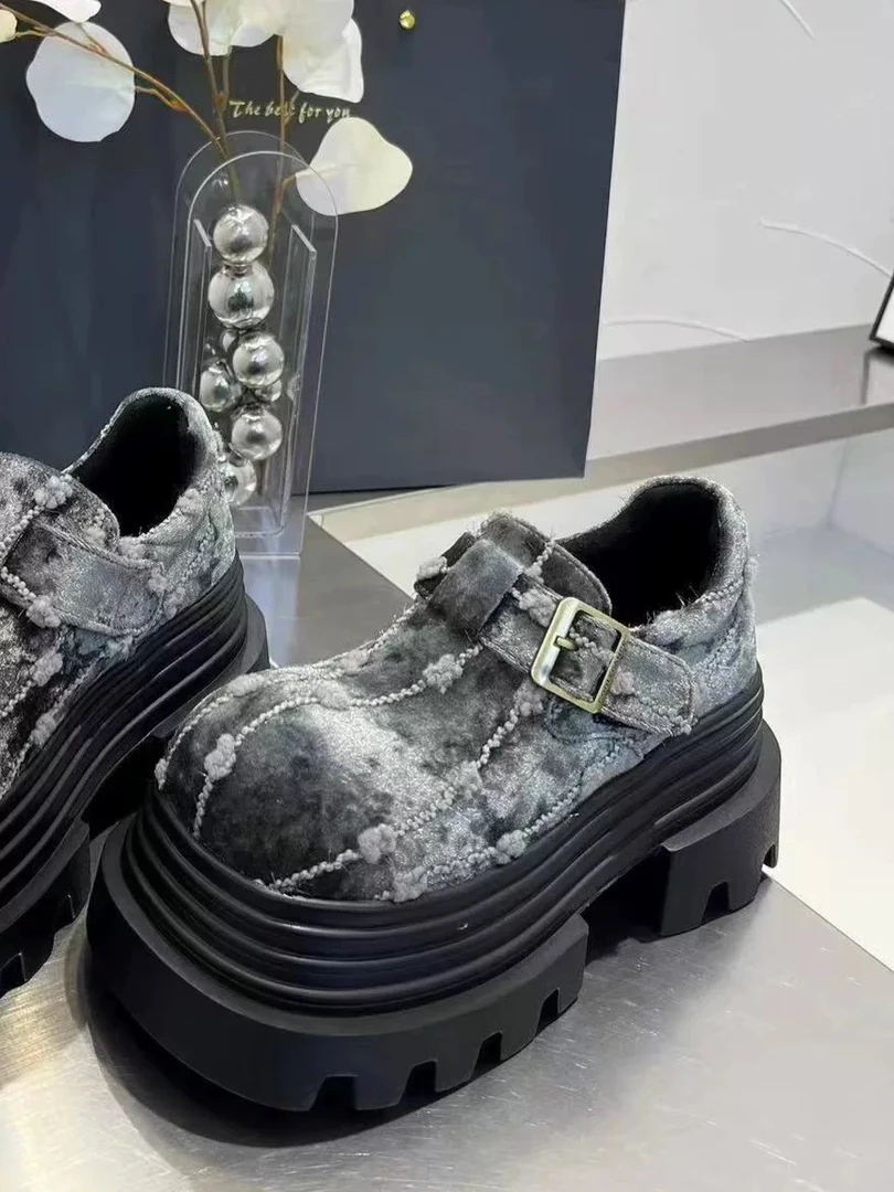 早春季新款休闲厚底女鞋绒面魔术贴乐福鞋女舒适百搭女单717-18