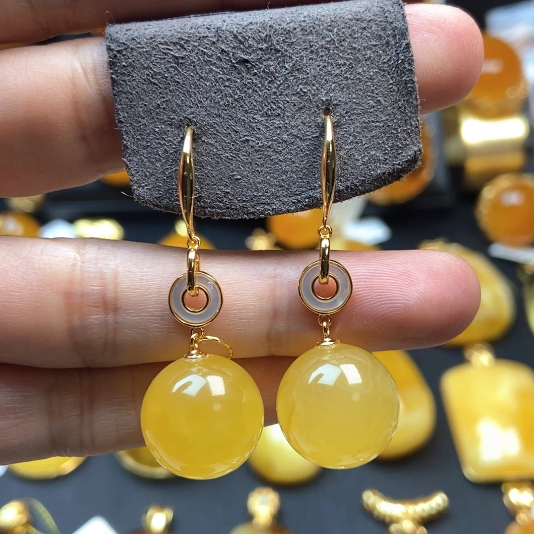 琥珀耳饰银S925镀金镶嵌