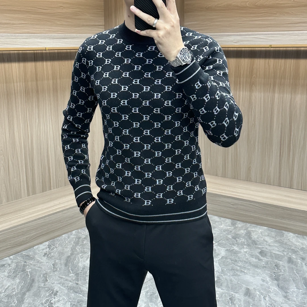 男士圆领针织衫高档毛衣轻奢商务时尚字母提花打底衫弹力舒适保暖