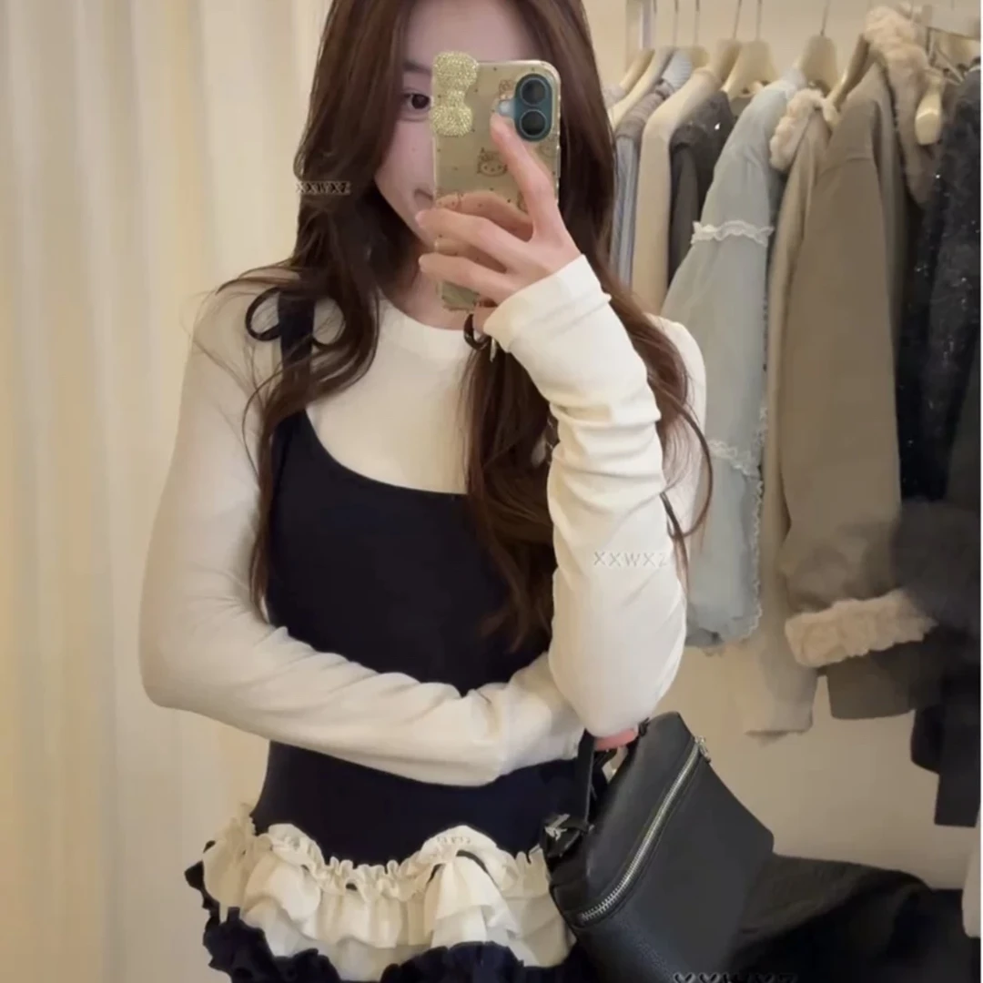 大码设计感长袖女装春季胖MM显瘦内搭打底衫假两件背心上衣