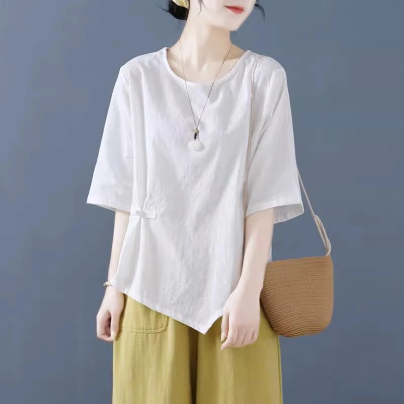 大码盘扣文艺休闲提花短袖中式T恤衬衫女下摆不规则宽松显瘦上衣