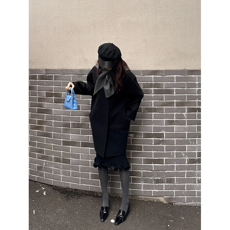 YIMAIMAI浪漫主义 全羊毛麦呢双面呢大衣+针织连衣裙 柔雾粉 黑色