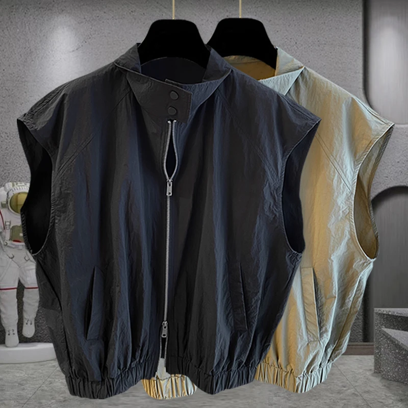 DeweLvum夏季开衫拉炼无袖T恤男工装设计感宽松外穿背心上衣男装