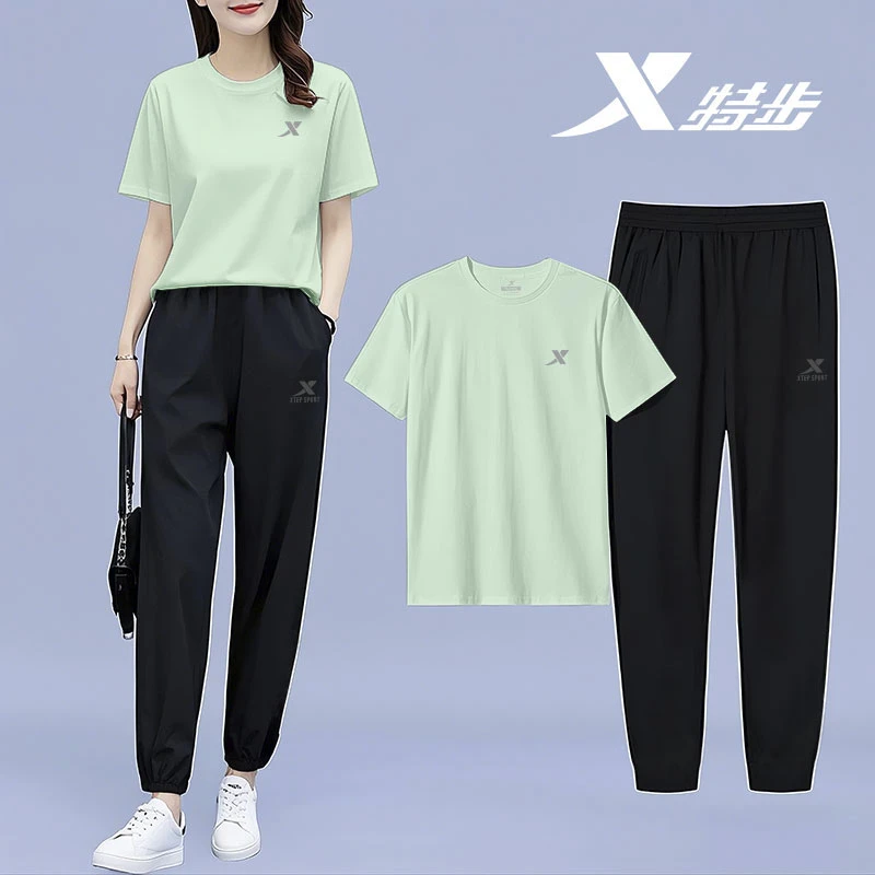 特步夏季运动套装女2025新款透气速干女士修身显瘦短袖长裤两件套