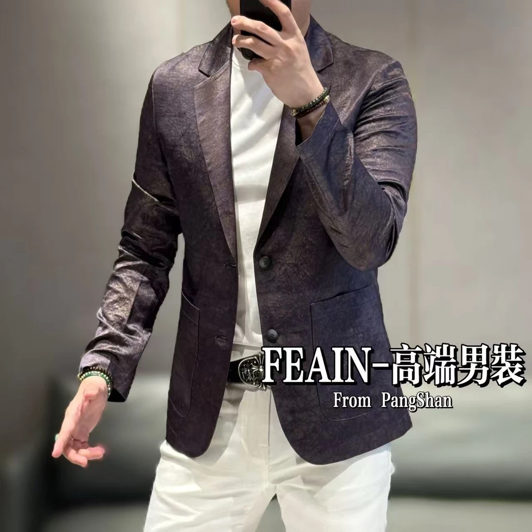 【100%真醋酸】进口醋酸错金工艺手抓大理石纹理男士休闲西装8603