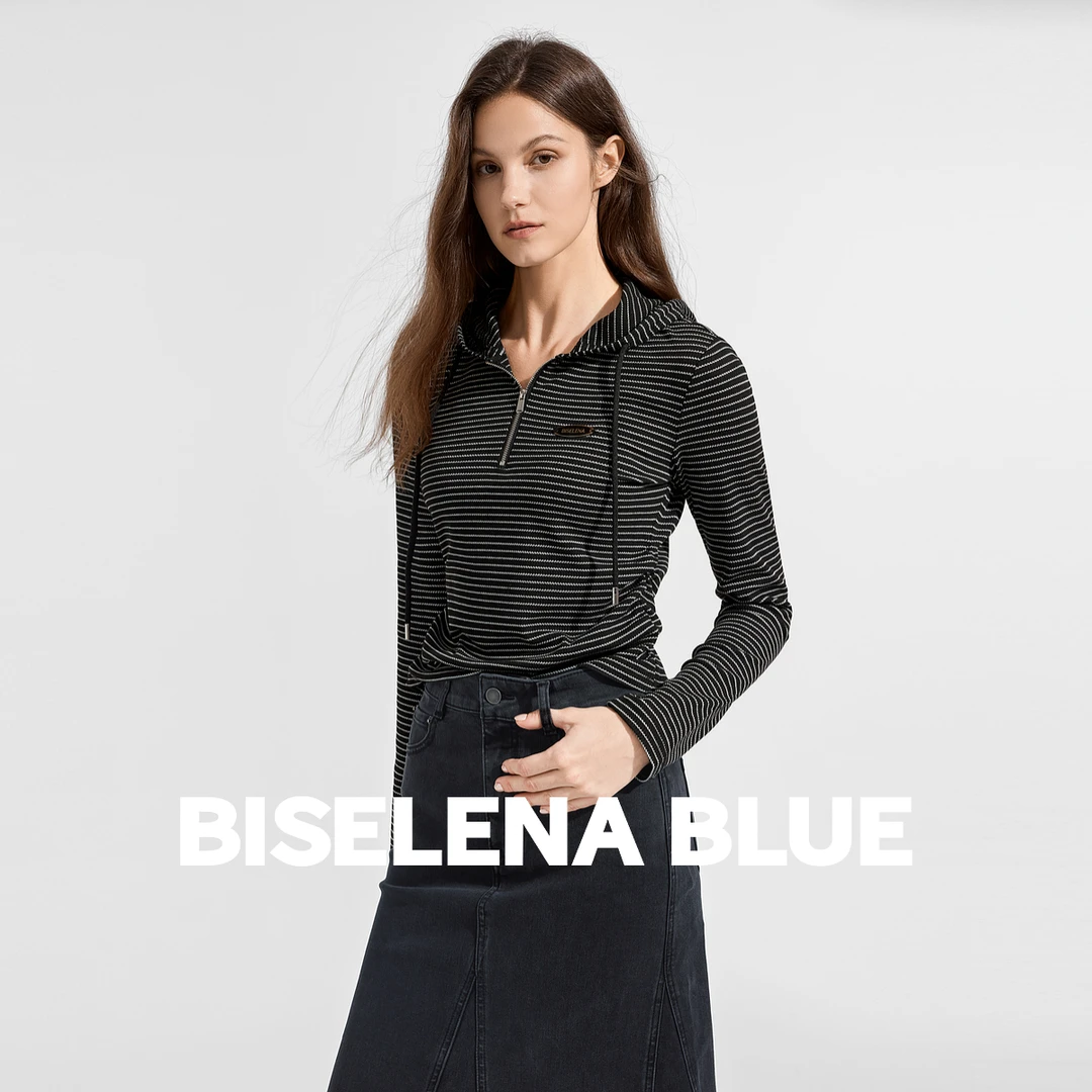 贝茜妮 显瘦针织黑白条纹连帽长袖上衣女休闲透气拉链式抽绳t恤秋