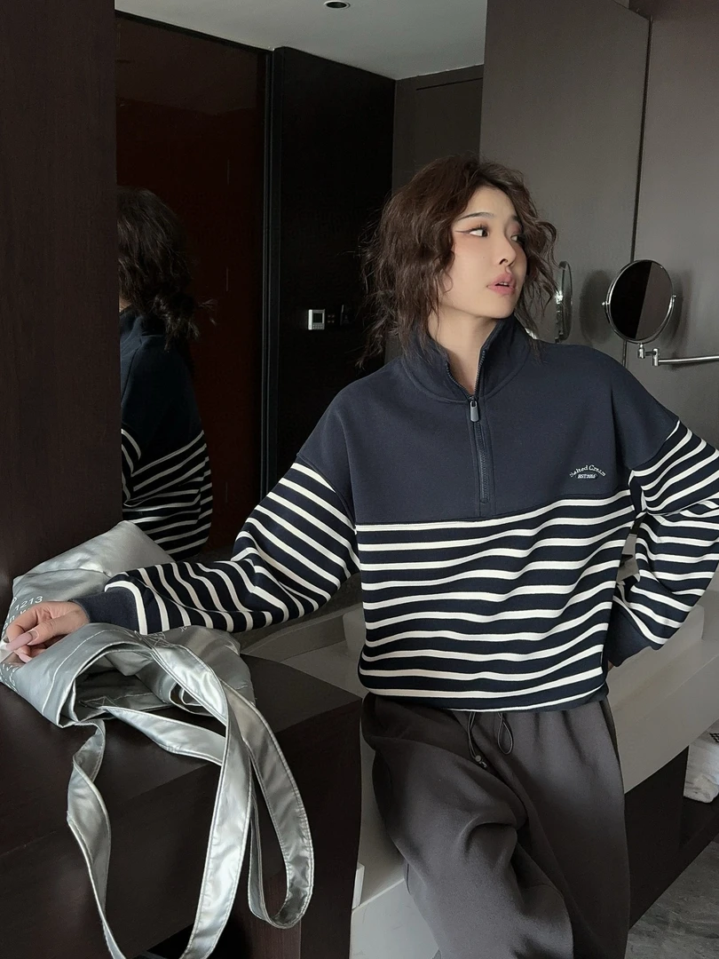 加绒半拉链拼接条纹polo领立领两穿卫衣