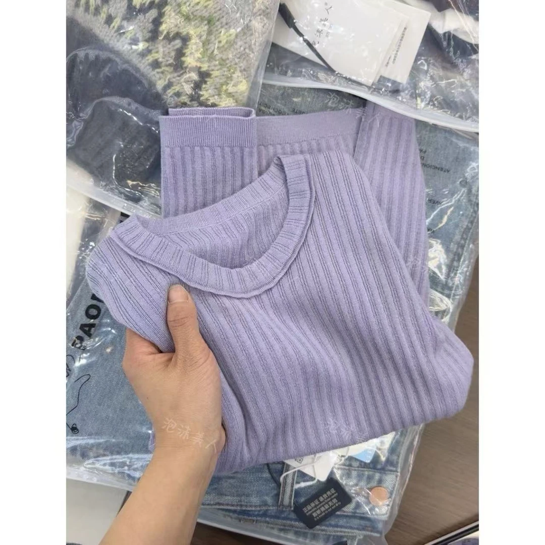 牛奶芋头」醋酸丝羊毛坑条显瘦短袖圆领针织衫女 25春夏新款