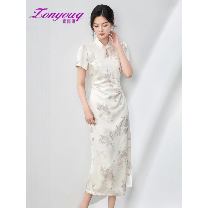 紫雨琪式国风印花凉感珍珠盘扣立领连衣裙旗袍双层日常优雅气质