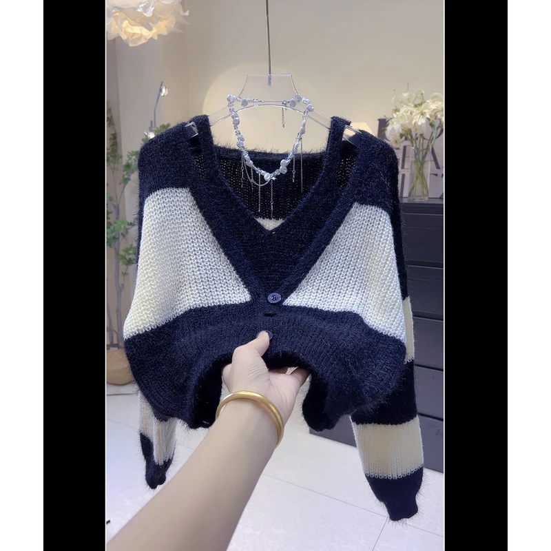 Gz205新款两件套装女甜辣妹短款拼色条纹针织开衫内搭吊带背心