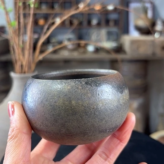 柴烧裸烧窑变黑金刚禅定杯微瑕介意慎拍