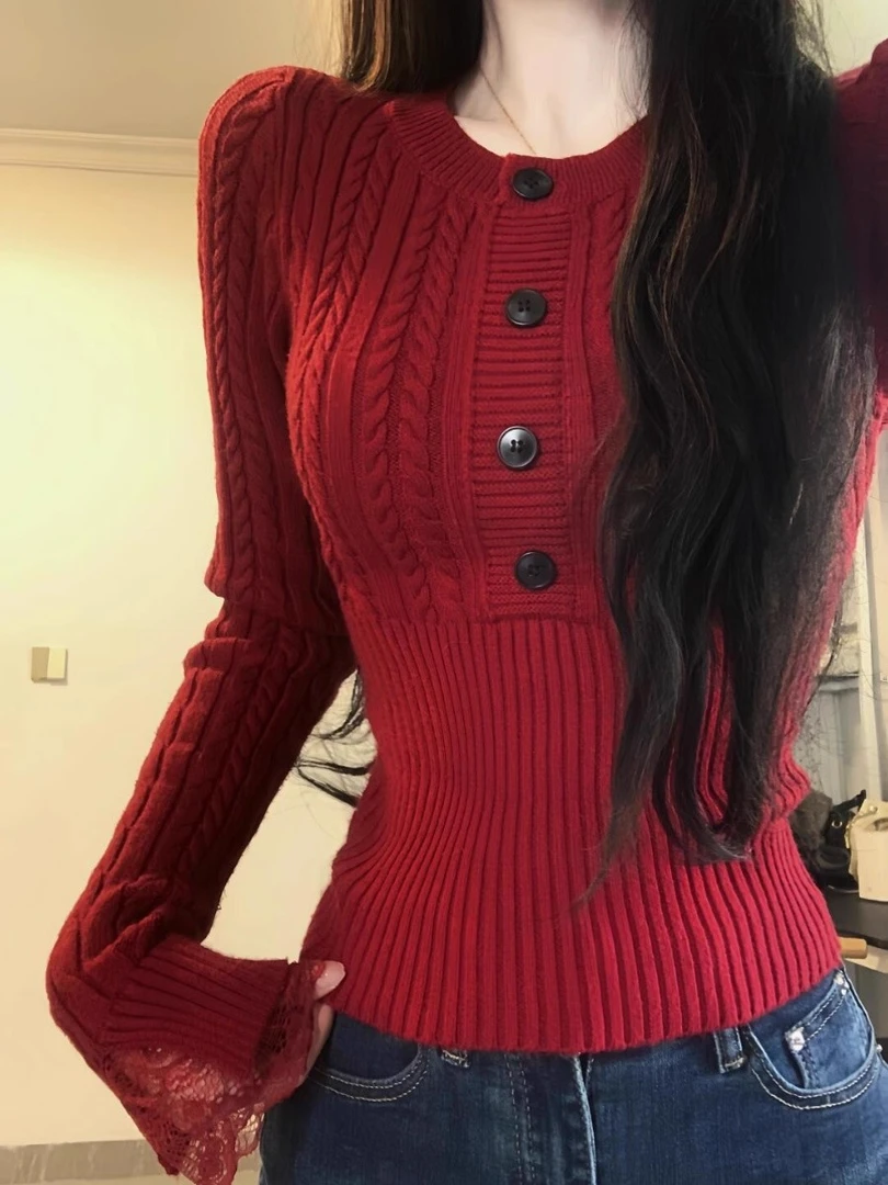 韩系辣妹修身麻花新年红色毛衣女秋冬季高级感针织衫上衣