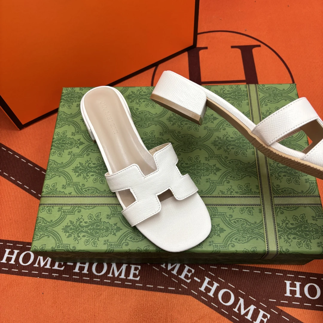 【三公分】手掌纹网红时尚百搭夏季外穿法式方头中跟一字拖女鞋