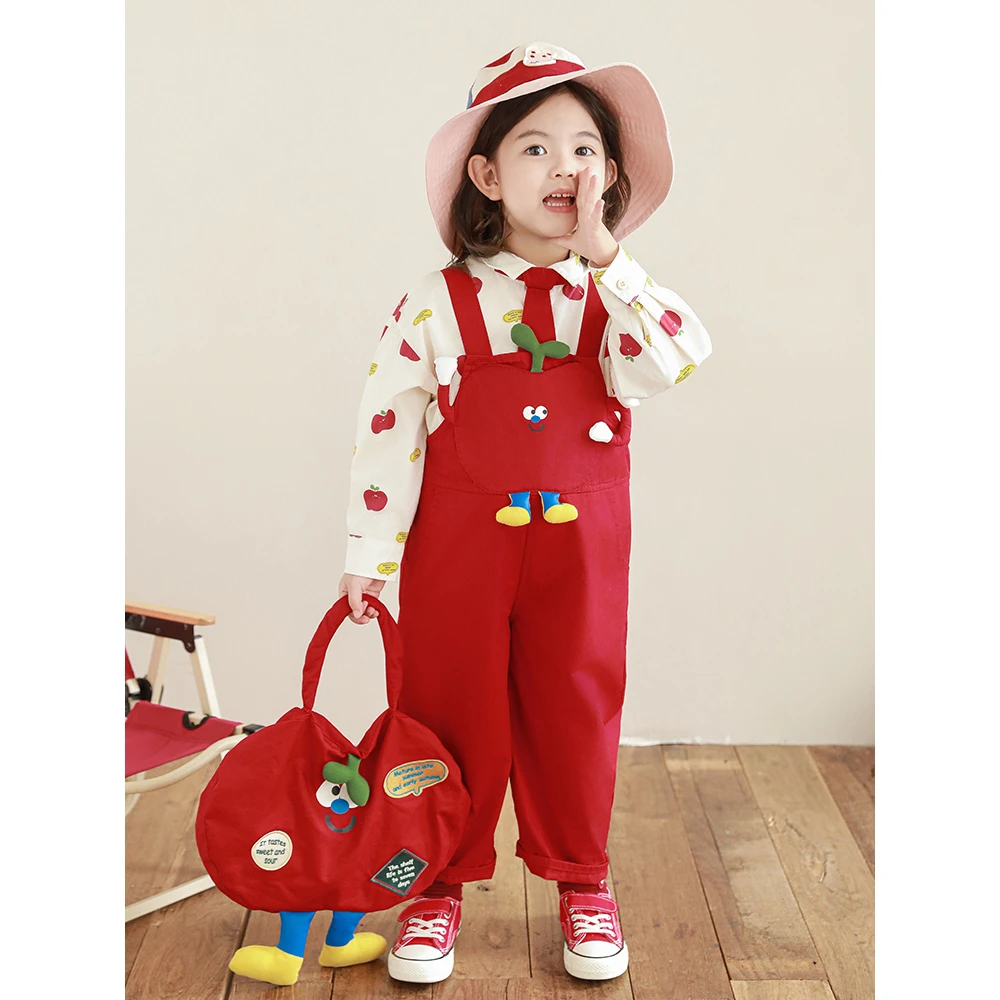幼悠女童春季红色苹果背带裤洋气儿童卡通休闲裤小宝宝裤子GN5734