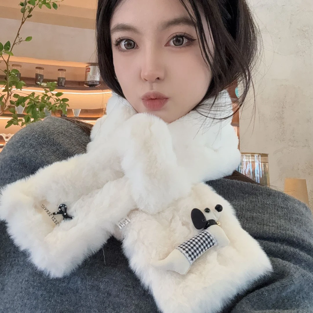 格子小狗插口毛绒围巾女冬季韩版时尚百搭加厚保暖护颈毛毛围脖