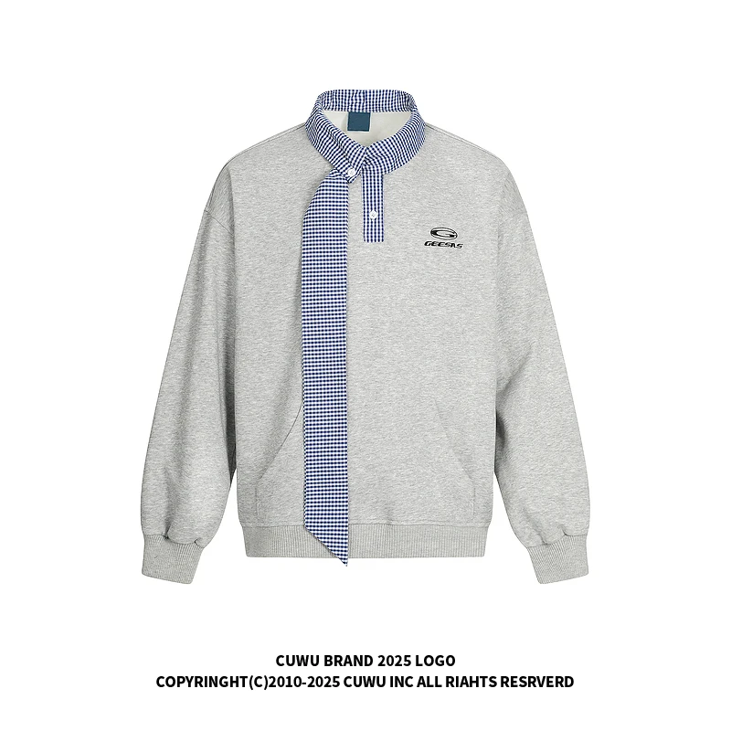 cuwu美式复古假两件格纹领带拼接套头卫衣女男秋季休闲宽松上衣潮