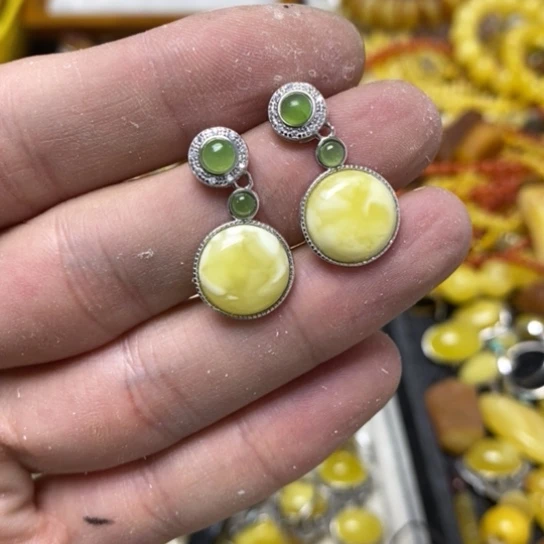 蜜蜡裸石银S925镶嵌耳坠