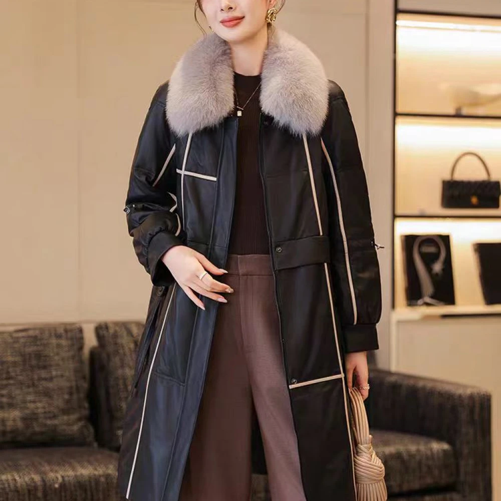 真皮羽绒服女中长款狐狸毛领2025新款加厚绵羊皮皮衣外套18608