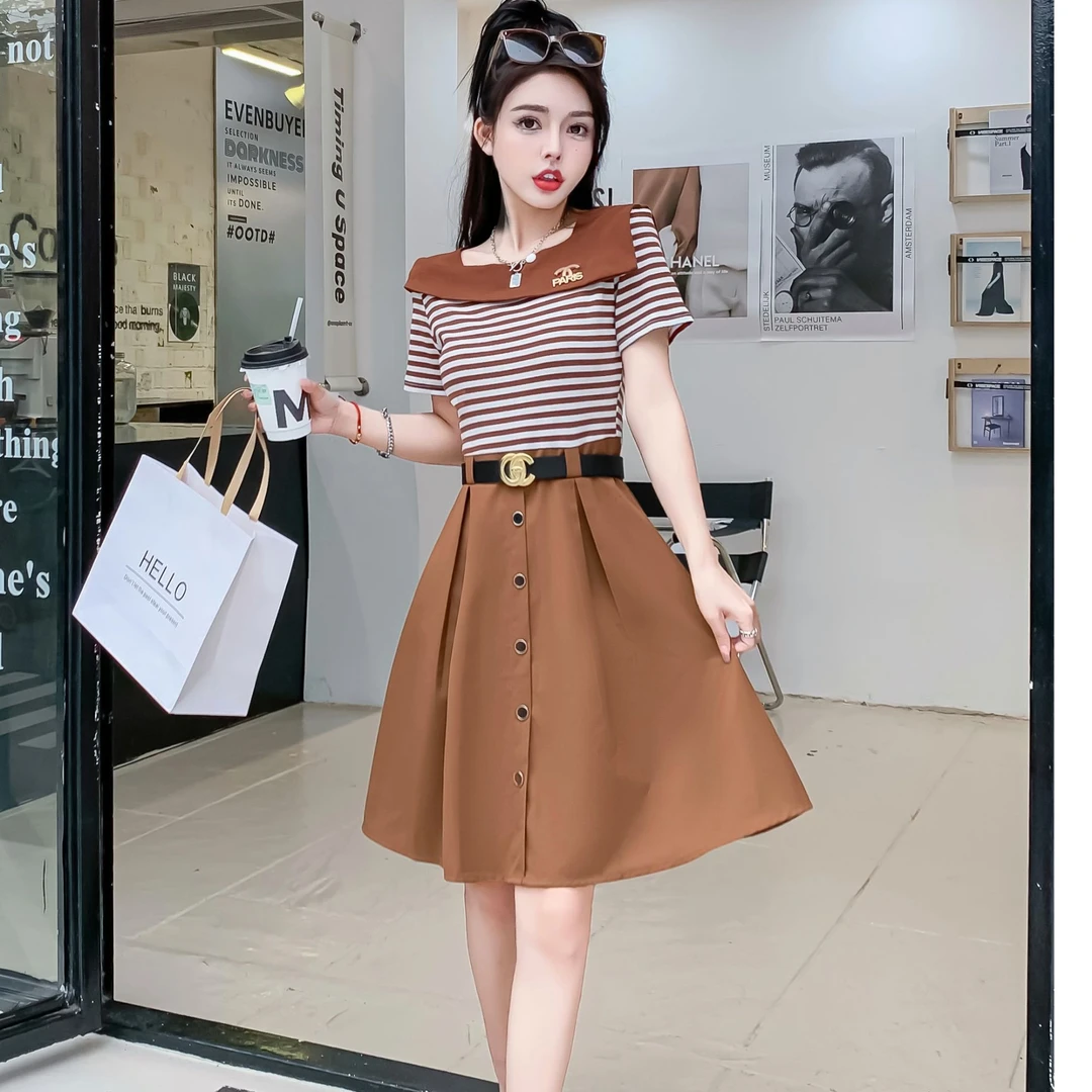 时尚条纹拼接气质减龄连衣裙2025夏季新款修身显瘦中长款A字裙子