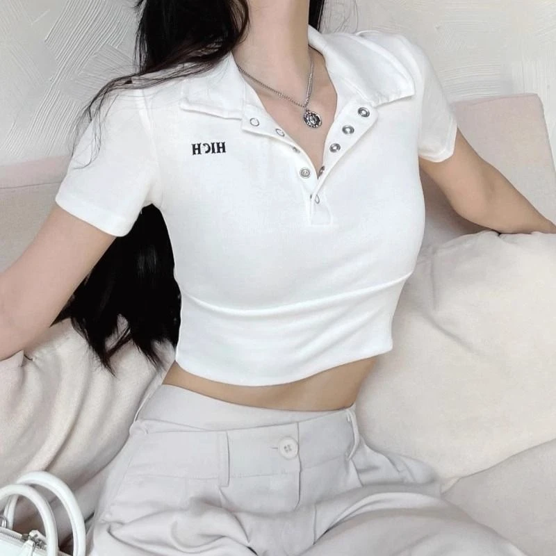 正肩紧身辣妹Polo领白色短款高腰T恤女夏季新款修身短袖上衣
