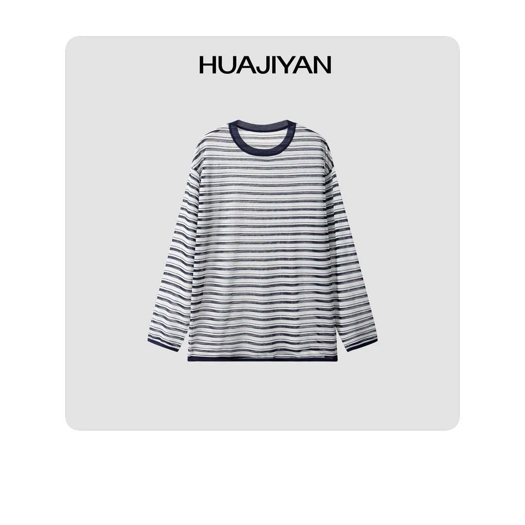 华吉言/HUAJIYAN【放风】亚麻天丝混纺圆领条纹长袖上衣