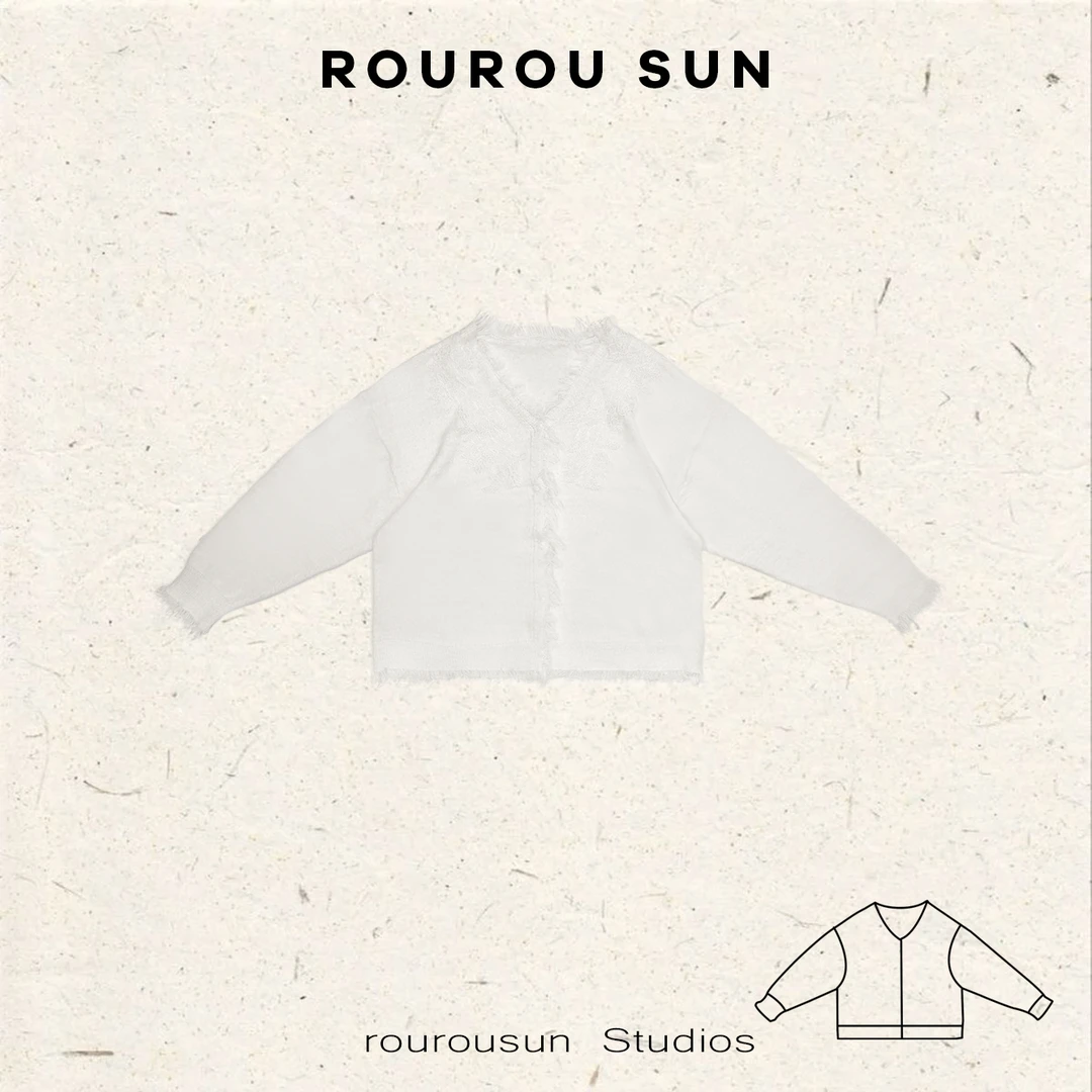 29601冬款女装韩版宽松百搭V领毛边慵懒休闲针织开衫