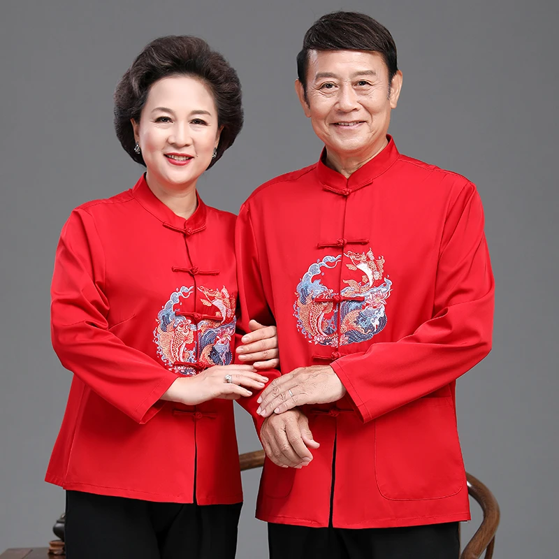 2025新款唐装男女春夏长袖上衣爸爸妈妈中式婚礼服情龙凤侣装