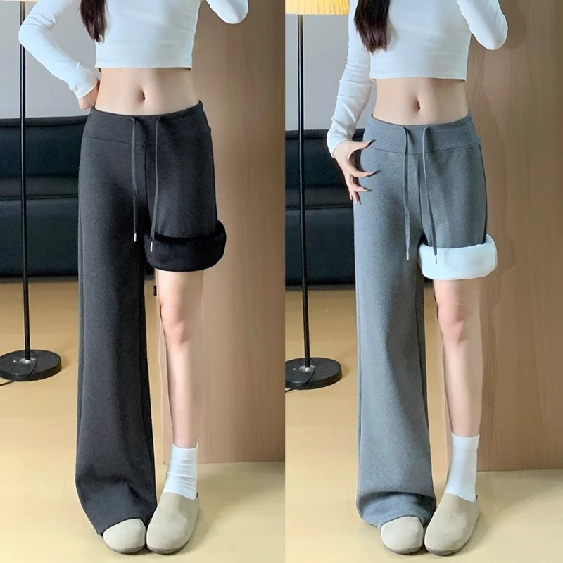 lulu同款加绒加厚美式运动裤女2025新款阔腿裤高腰显瘦直筒休闲裤