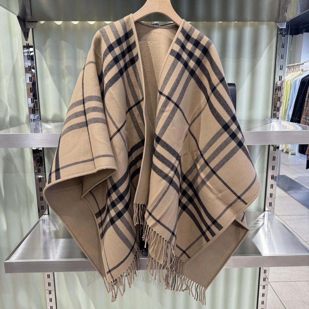 BURBERRY/博柏利新款时尚百搭经典格纹流苏斗篷披风 女款 棕色