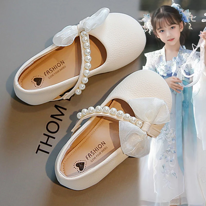 女童皮面夏季珍珠小女孩宝宝软底洋气儿童豆豆公主鞋国风配马面裙