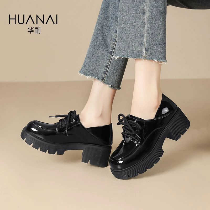 厚底乐福鞋女新款早春粗跟黑色百搭女士通勤JK女单鞋子【LP】