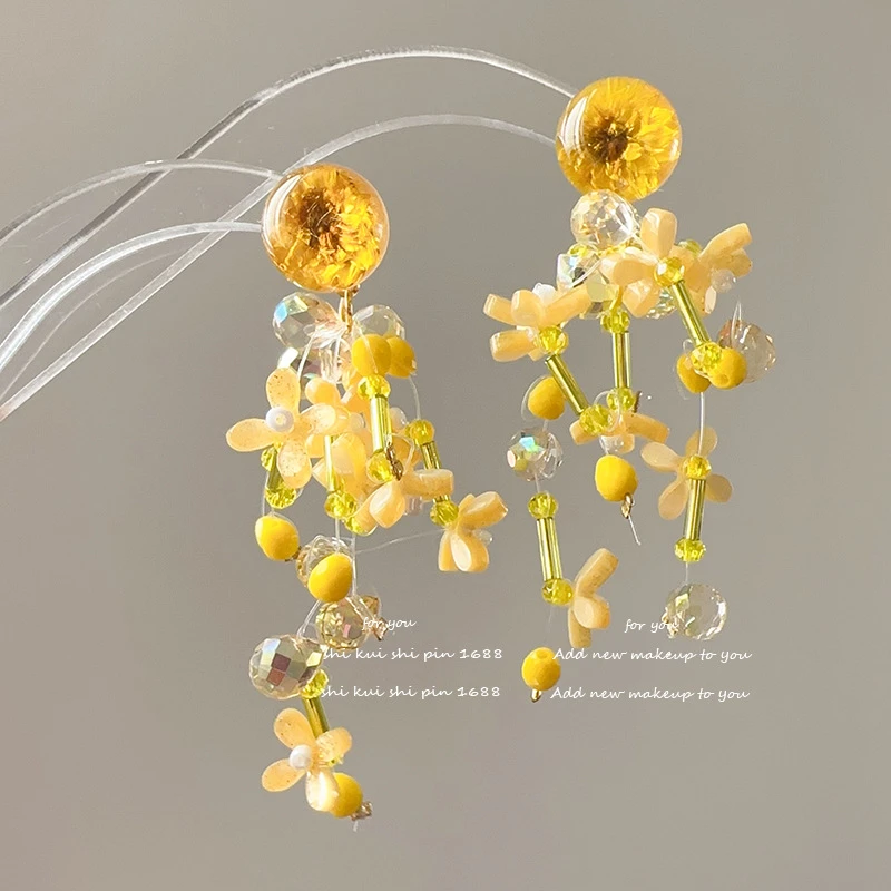 合金耳饰 原创悬浮水泼花耳钉复古金油画感仙美治手作串珠饰品