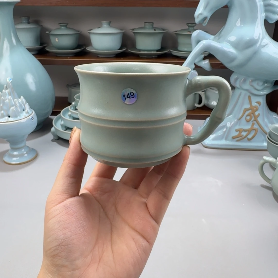 陶瓷摆件微微瑕汝窑仿古釉竹节马克杯编号149